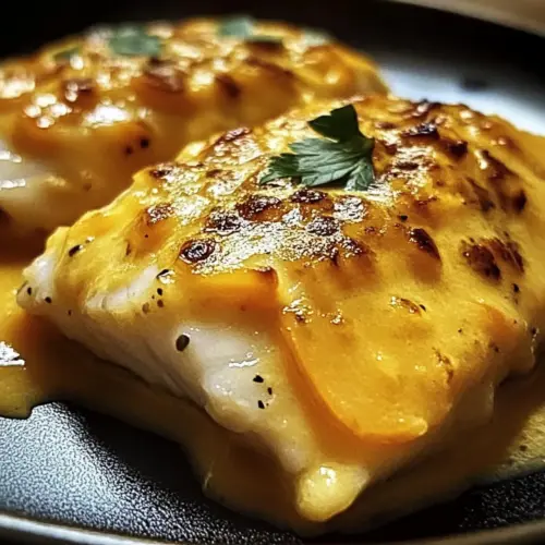 Überbackener Seelachs mit Möhren-Senf-Soße